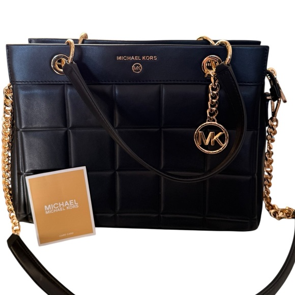 NWT Michael Kors Quilted Leather Satchel | Black MK Chain Crossbody Tote - Picture 10 of 10
